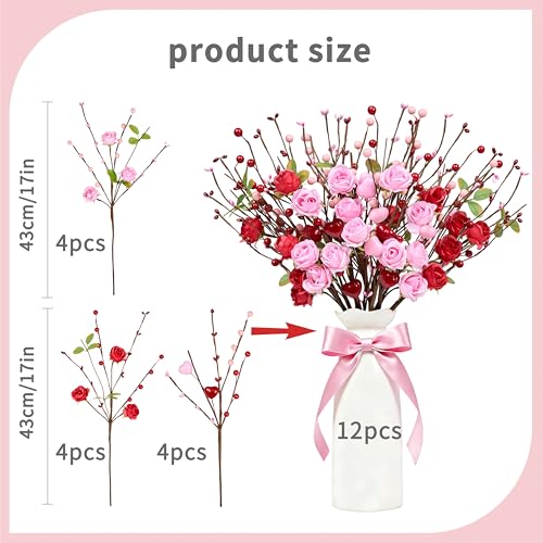 MAINGKAUNG Valentines Day Decorations 12 Pack Valentines Day Artificial Flowers 17 Inch Valentine's Picks with Red Roses Flower Pink Love Heart Berries for Valentine Wedding Anniversary Party Decor - Image 3