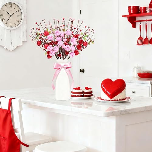 MAINGKAUNG Valentines Day Decorations 12 Pack Valentines Day Artificial Flowers 17 Inch Valentine's Picks with Red Roses Flower Pink Love Heart Berries for Valentine Wedding Anniversary Party Decor - Image 5