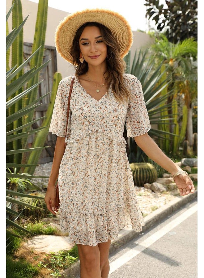 Manydress Women's Chiffon Floral Print V Neck Casual Mini Boho Ruffle Swing Dress MY068 117, Beige Print, S - Image 5