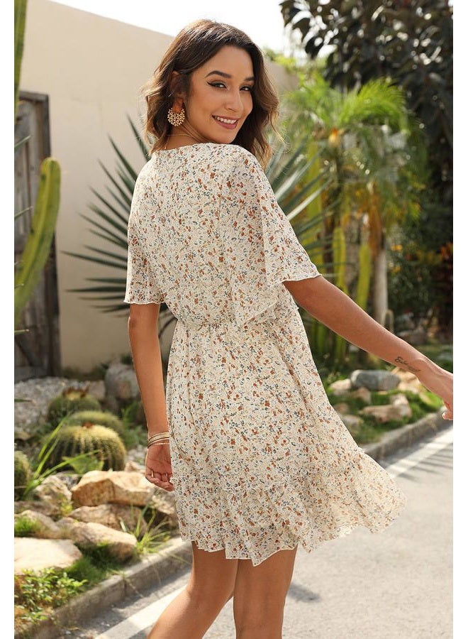 Manydress Women's Chiffon Floral Print V Neck Casual Mini Boho Ruffle Swing Dress MY068 117, Beige Print, S - Image 2
