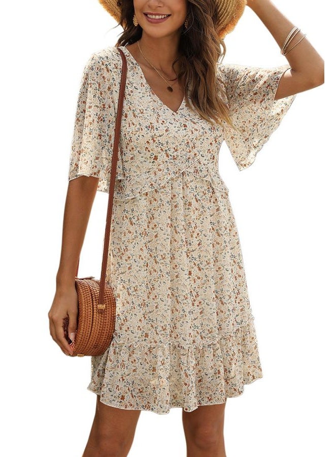 Manydress Women's Chiffon Floral Print V Neck Casual Mini Boho Ruffle Swing Dress MY068 117, Beige Print, S - Image 1