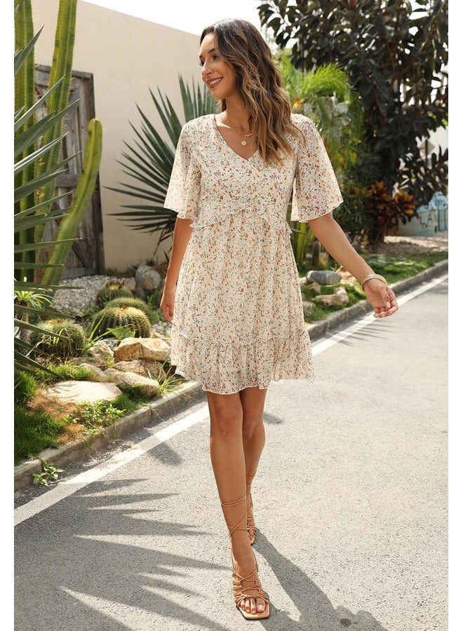 Manydress Women's Chiffon Floral Print V Neck Casual Mini Boho Ruffle Swing Dress MY068 117, Beige Print, S - Image 4