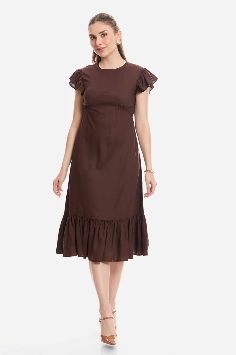 فيرجيو Solid Viscose Flutter Sleeve Midi Dress for Women