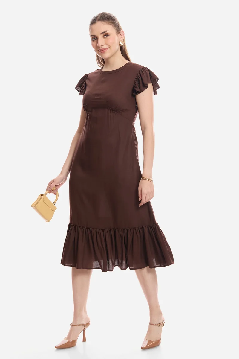 فيرجيو Solid Viscose Flutter Sleeve Midi Dress for Women