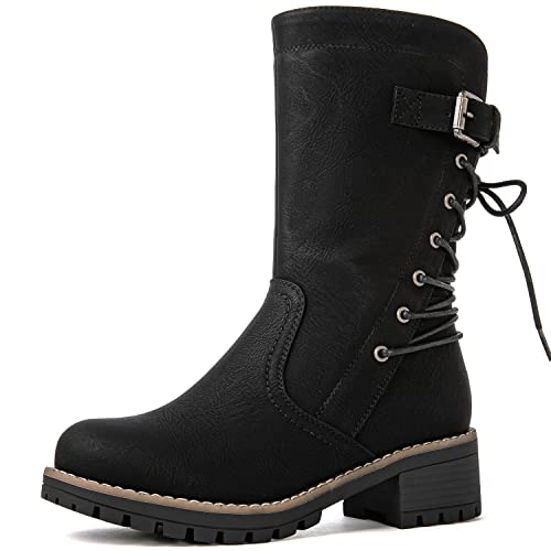 GLOBALWIN Womens Biker Boots Lace up Back Mid Calf Motorcycle Fashion Festival Boots Combat Riding Military Boots for Women Black Size 9 - Image 3