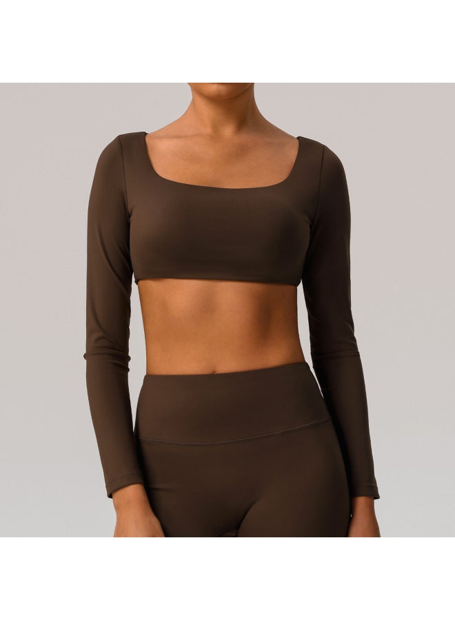 New European And American Long Sleeve Naked Yoga Clothes Running Sports T-shirt Quick-drying Tight Fitness Top With Chest Pad
