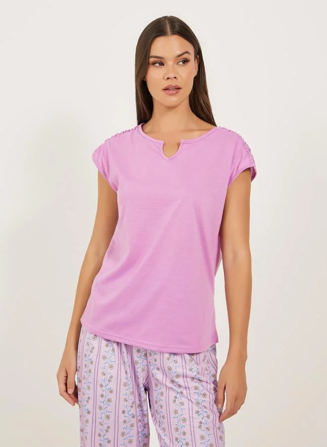 Styli Solid Gathered Shoulder Top and Printed Cuffed Pyjama Set