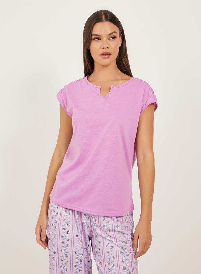 Styli Solid Gathered Shoulder Top and Printed Cuffed Pyjama Set  - Image 3