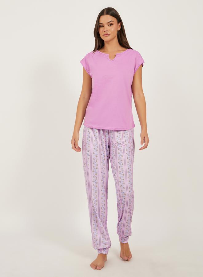 Styli Solid Gathered Shoulder Top and Printed Cuffed Pyjama Set  - Image 1