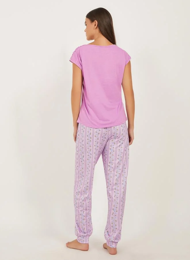 Styli Solid Gathered Shoulder Top and Printed Cuffed Pyjama Set