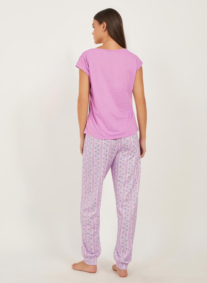 Styli Solid Gathered Shoulder Top and Printed Cuffed Pyjama Set  - Image 5