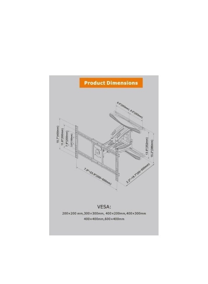 حامل شاشة تلفزيون يثبت على الحائط متحرك P65، مناسب لشاشات مقاس 55-85 بوصة - اسود، - Image 3