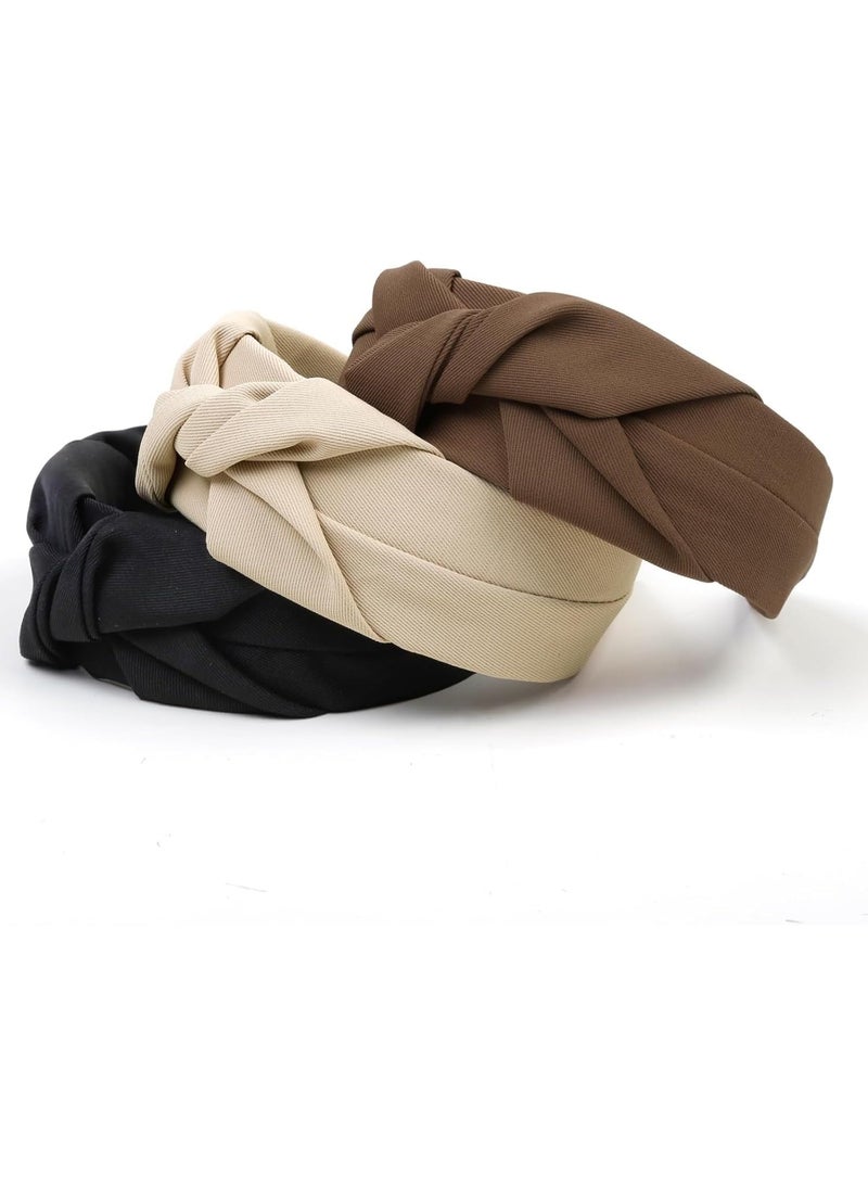 Knotted Headbands for Women Non Slip Women Headbands for Hair Fashion Hairband for Women‘s Hair Wide Top Knot Hair Hoops for Girls Black Beige Brown Head Band Hair Accessories for Women 3PCS - Image 1