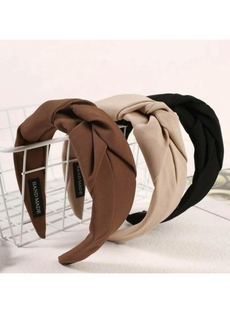 Knotted Headbands for Women Non Slip Women Headbands for Hair Fashion Hairband for Women‘s Hair Wide Top Knot Hair Hoops for Girls Black Beige Brown Head Band Hair Accessories for Women 3PCS - Image 2