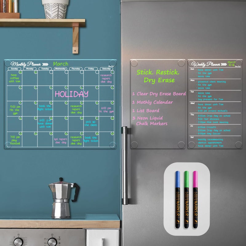 Clever Clean Clear Non-Magnetic Calendar Set for Fridge - Dry Erase Transparent Monthly, Weekly Calendar and Blank Board - Sticks to Wall, Glass, Door, Any Smooth Surfaces - Image 1