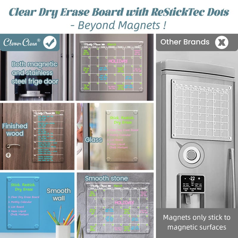 Clever Clean Clear Non-Magnetic Calendar Set for Fridge - Dry Erase Transparent Monthly, Weekly Calendar and Blank Board - Sticks to Wall, Glass, Door, Any Smooth Surfaces - Image 3