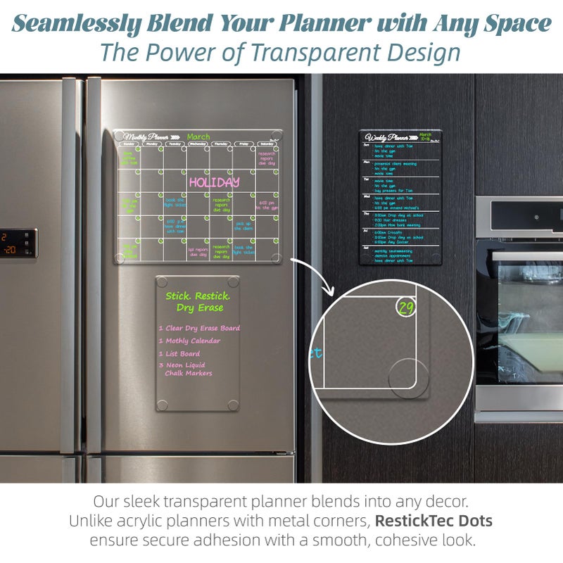 Clever Clean Clear Non-Magnetic Calendar Set for Fridge - Dry Erase Transparent Monthly, Weekly Calendar and Blank Board - Sticks to Wall, Glass, Door, Any Smooth Surfaces - Image 5