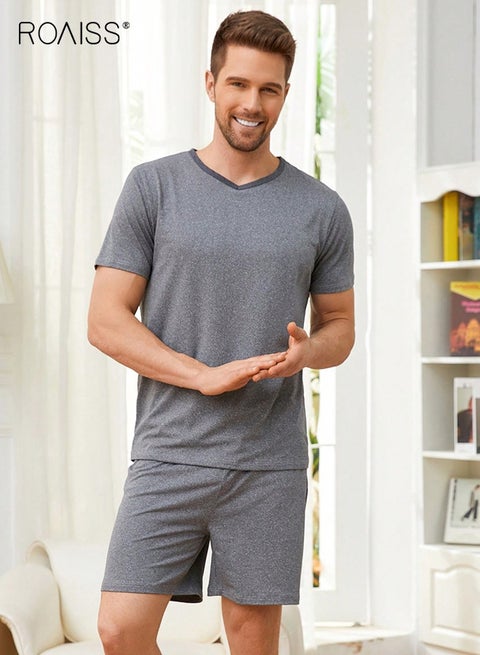 طقم بيجامة رجالي صغير الحجم برقبة على شكل حرف V وأكمام قصيرة وشريط مطاطي، قطعتان، بدلة رجالية مريحة وفضفاضة لفصل الصيف، ملابس منزلية رقيقة، بيجامات منزلية كلاسيكية وبسيطة، رمادية