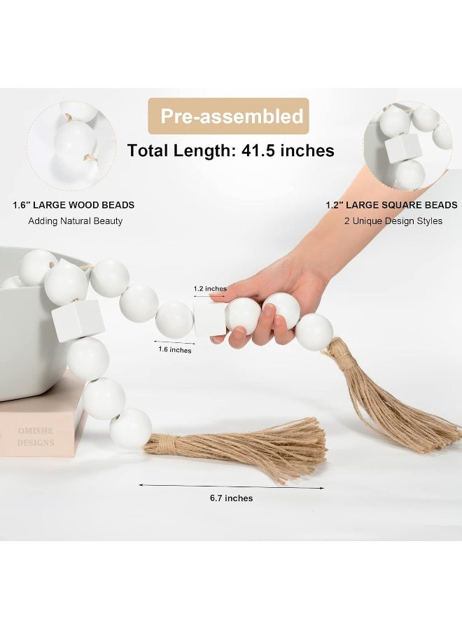 OMISHE OMISHE White Large Wood Bead Garland with 1.6" Diameter Wooden Beads and Tassels, 41.5" Long Rustic Farmhouse Country Wood Beads Garland Decorative Beads for Home Decor Tiered Tray Decor Boho Decor  - Image 3