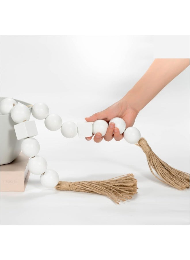 OMISHE OMISHE White Large Wood Bead Garland with 1.6" Diameter Wooden Beads and Tassels, 41.5" Long Rustic Farmhouse Country Wood Beads Garland Decorative Beads for Home Decor Tiered Tray Decor Boho Decor  - Image 1