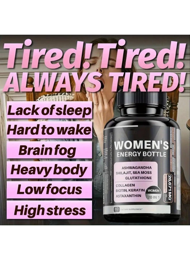 Megneta Women’s Energy Vitamins 20-in-1 – Collagen Biotin Ashwagandha Shilajit Beauty & Energy Support | Hair Skin Nails & Hormonal Balance | 60 Capsules - Image 2
