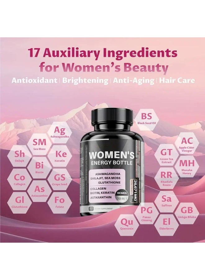 Megneta Women’s Energy Vitamins 20-in-1 – Collagen Biotin Ashwagandha Shilajit Beauty & Energy Support | Hair Skin Nails & Hormonal Balance | 60 Capsules - Image 4