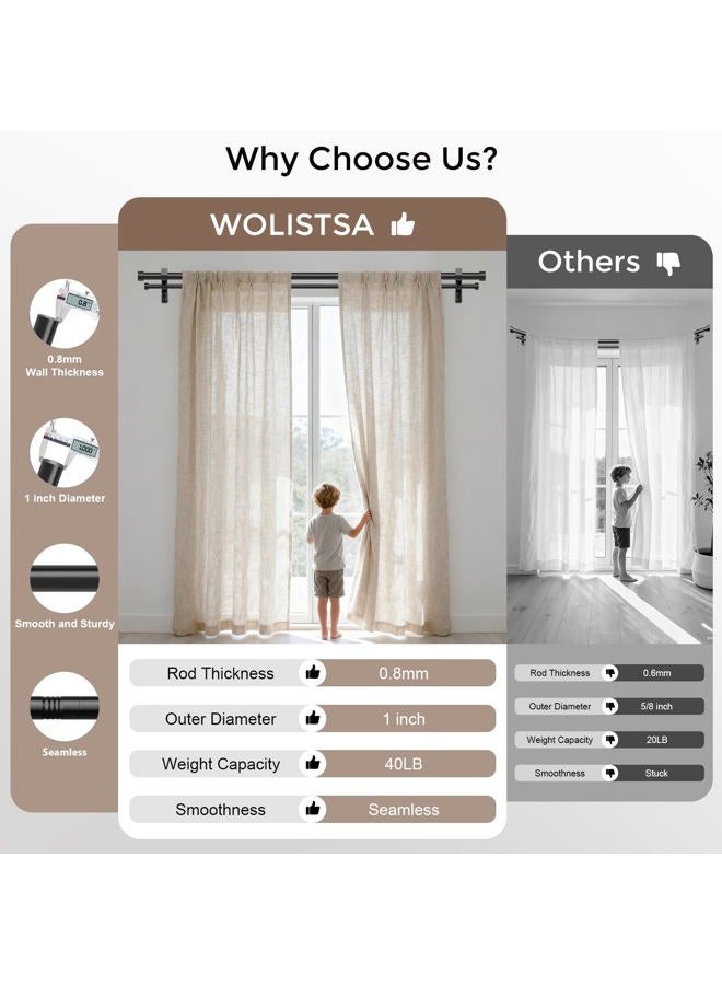 Wolistsa Black Double Curtain Rod, 72 to 144 Inch Extra Long Dual Curtain Rods with Aluminium Modern End Cap Finial, 1 Inch Adjustable Heavy Duty Window Treatment Rods, Telescopic Metal Double Drapery Pole Set - Image 4
