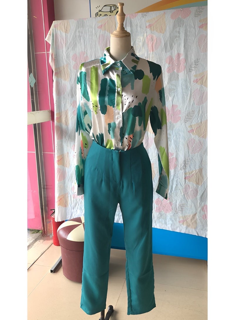 Women's 2 Pieces Outfit Long Sleeve Button Down Shirt High Waisted Cropped Pencil Pants Sweat Lounge Matching Set