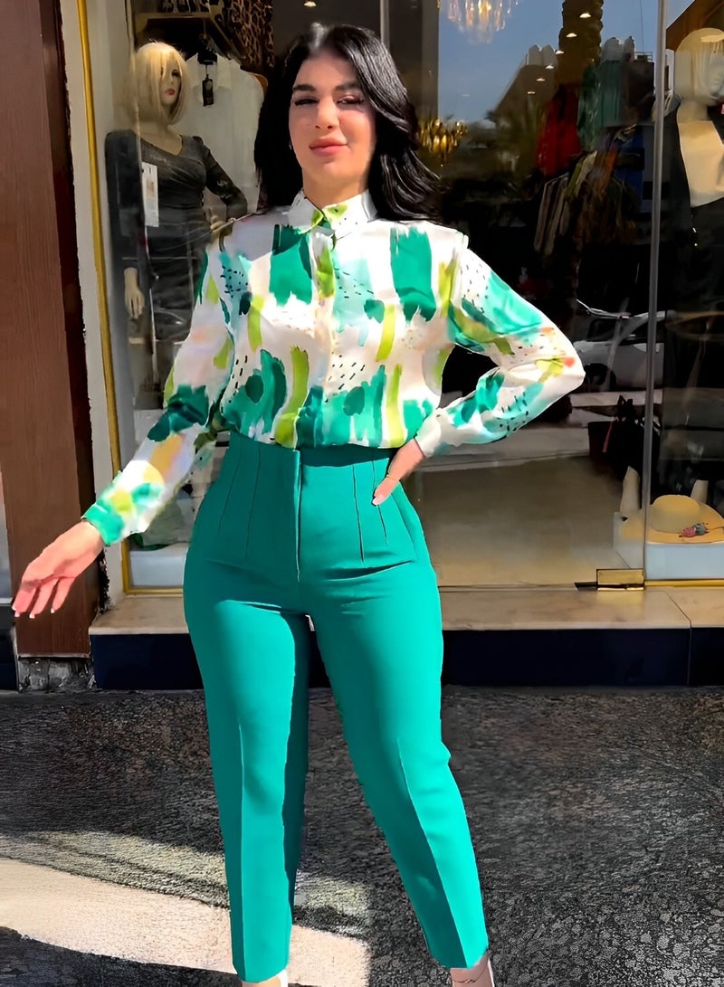 Women's 2 Pieces Outfit Long Sleeve Button Down Shirt High Waisted Cropped Pencil Pants Sweat Lounge Matching Set