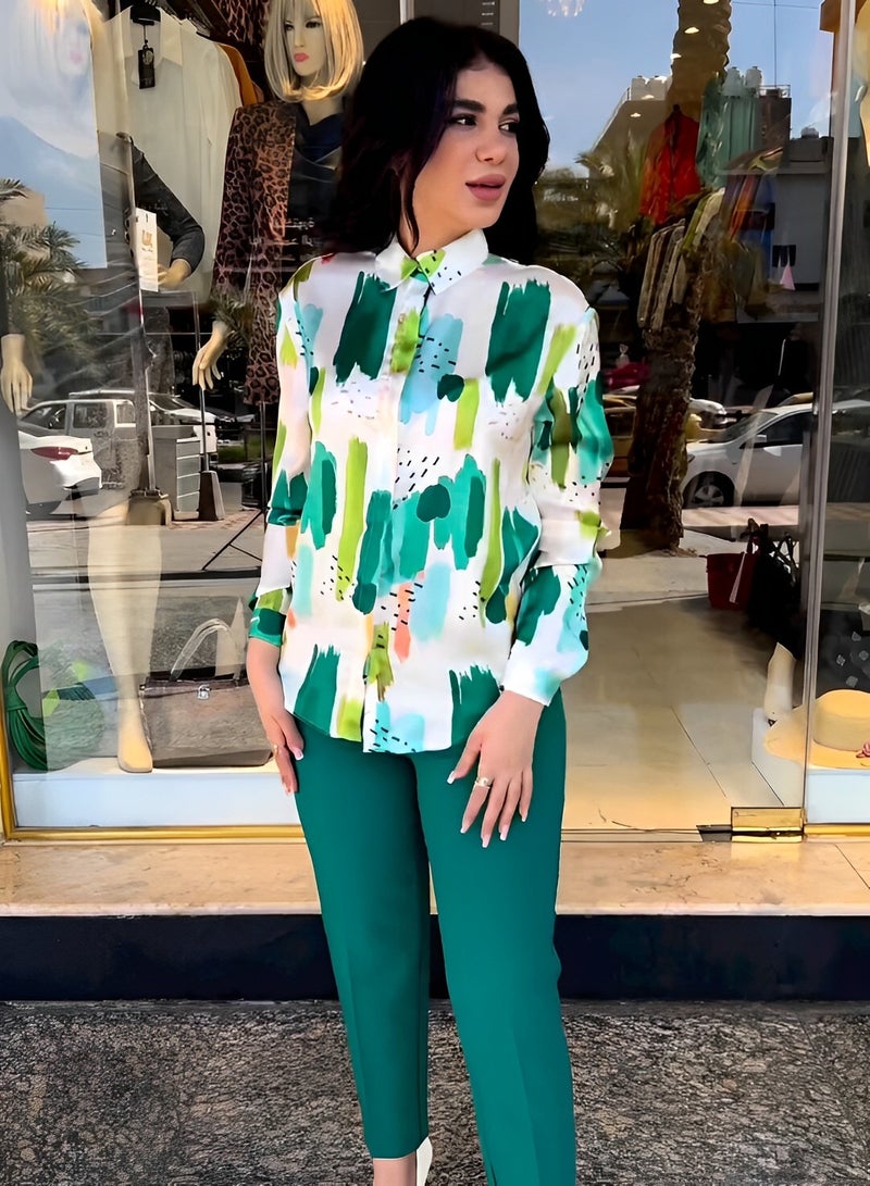 Women's 2 Pieces Outfit Long Sleeve Button Down Shirt High Waisted Cropped Pencil Pants Sweat Lounge Matching Set