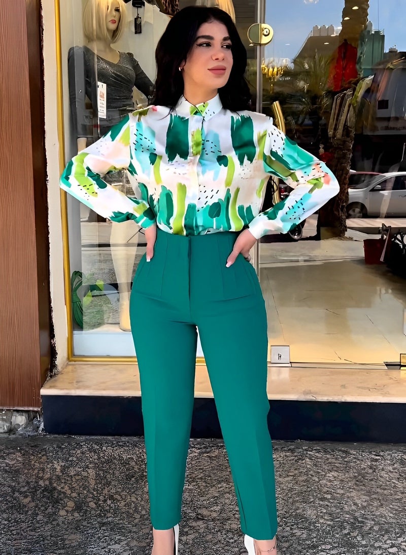 Women's 2 Pieces Outfit Long Sleeve Button Down Shirt High Waisted Cropped Pencil Pants Sweat Lounge Matching Set