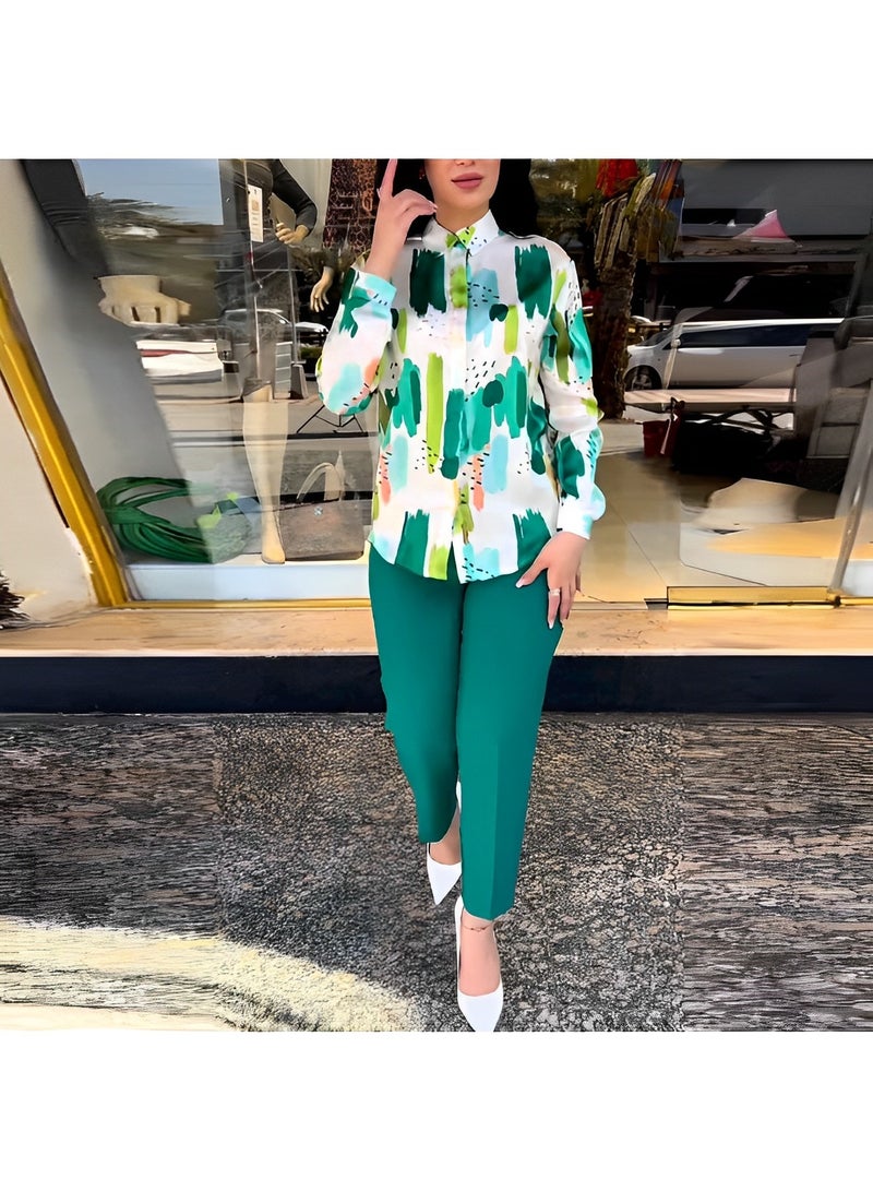 Women's 2 Pieces Outfit Long Sleeve Button Down Shirt High Waisted Cropped Pencil Pants Sweat Lounge Matching Set