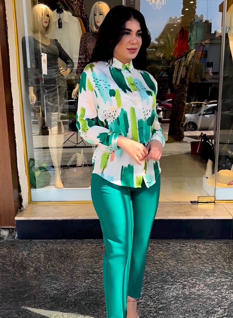 Women's 2 Pieces Outfit Long Sleeve Button Down Shirt High Waisted Cropped Pencil Pants Sweat Lounge Matching Set