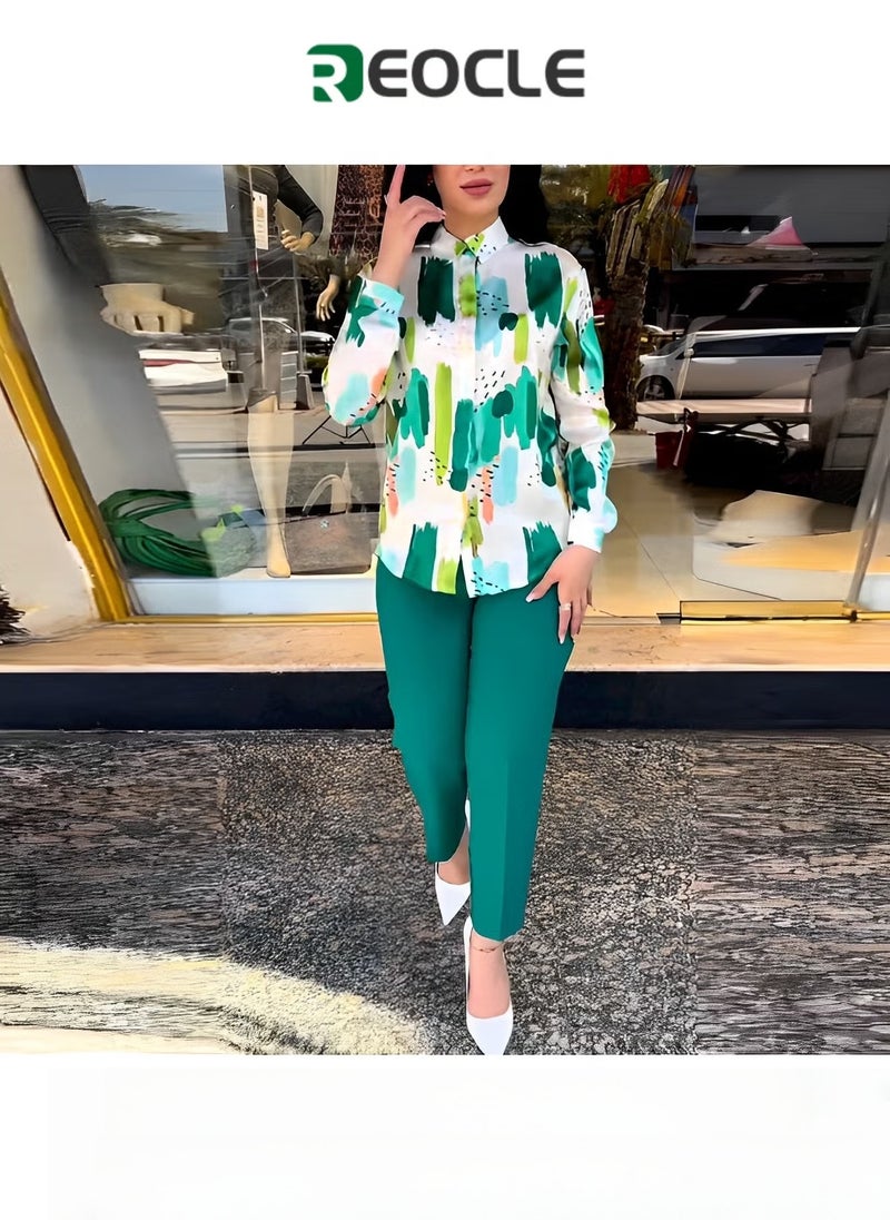 Women's 2 Pieces Outfit Long Sleeve Button Down Shirt High Waisted Cropped Pencil Pants Sweat Lounge Matching Set