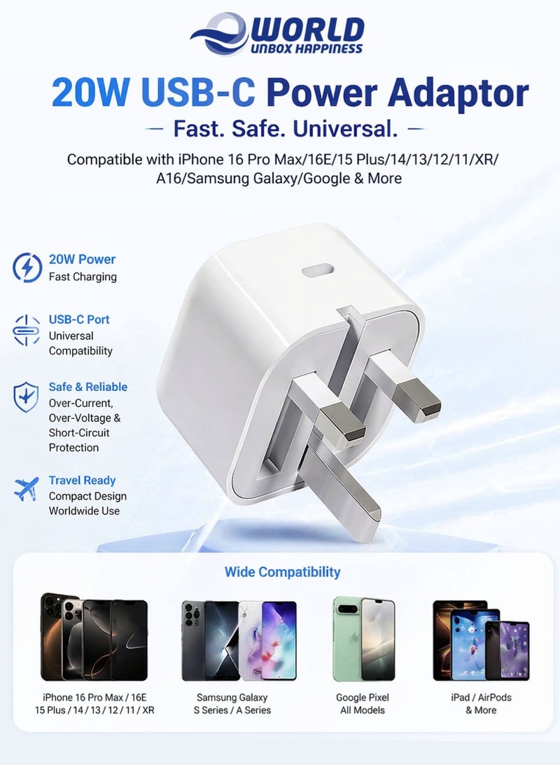 إي وورلد شاحن سريع 20 واط USB-C قابس بريطاني Type-C محول طاقة لهواتف آيفون 17 و16 و15 برو ماكس بلس وآيباد وسامسونج وجوجل، شاحن حائط قابل للطي للسفر (أبيض) - Image 1