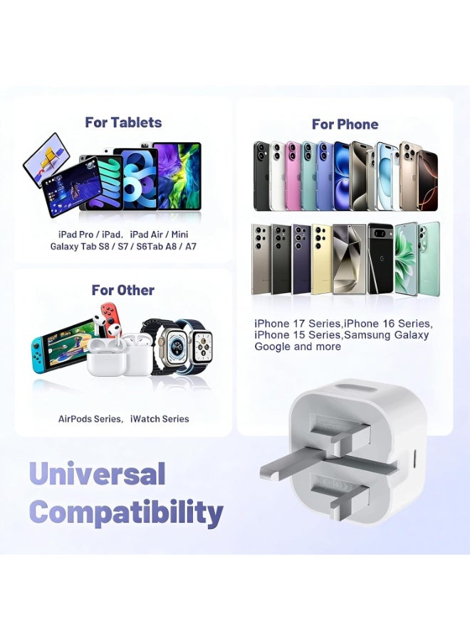 إي وورلد شاحن سريع 20 واط USB-C قابس بريطاني Type-C محول طاقة لهواتف آيفون 17 و16 و15 برو ماكس بلس وآيباد وسامسونج وجوجل، شاحن حائط قابل للطي للسفر (أبيض) - Image 5