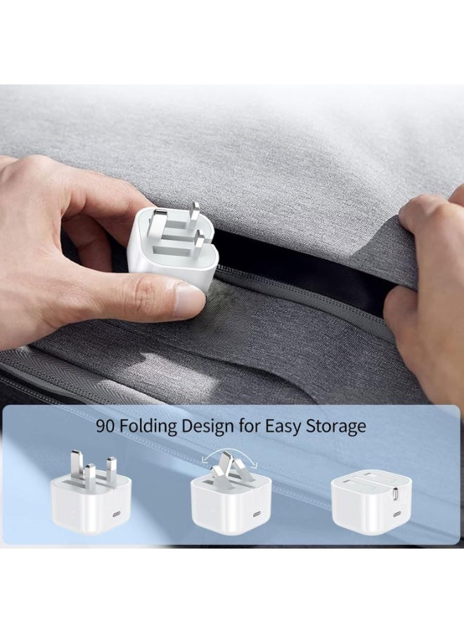 إي وورلد شاحن سريع 20 واط USB-C قابس بريطاني Type-C محول طاقة لهواتف آيفون 17 و16 و15 برو ماكس بلس وآيباد وسامسونج وجوجل، شاحن حائط قابل للطي للسفر (أبيض) - Image 4