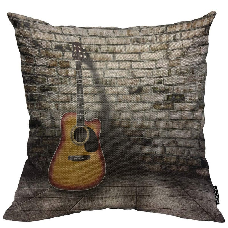 Mugod Guitar Throw Pillow Cover Guitar in Blank Empty Room with Old Brick Wall Background Decorative Square Pillow Case for Home Bedroom Living Room Cushion Cover 18x18 Inch