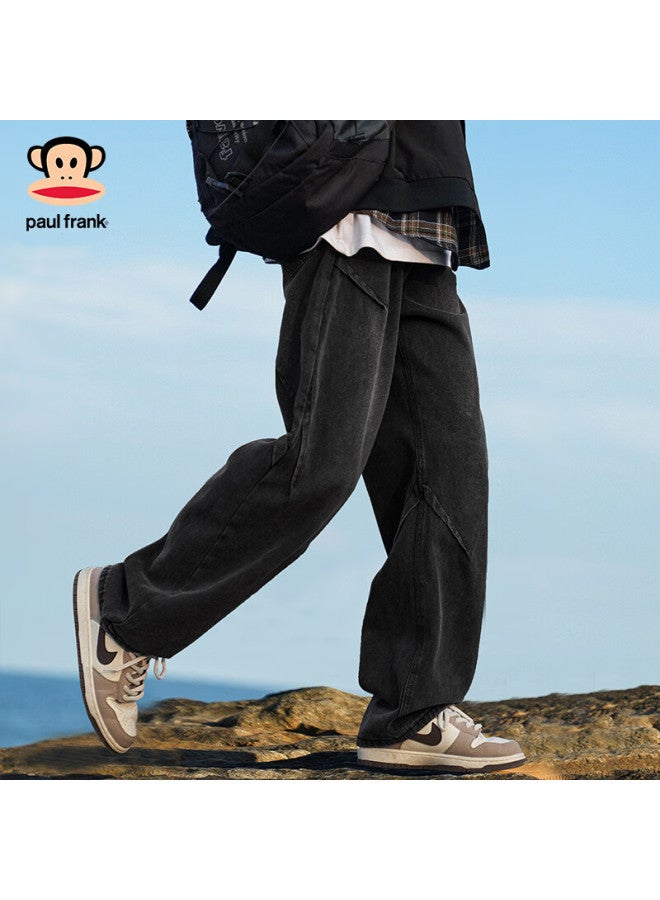 Paul Frank Men's Fleece-lined Denim Jeans Autumn Winter Loose Straight Vintage American Style Black Regular M - Image 2
