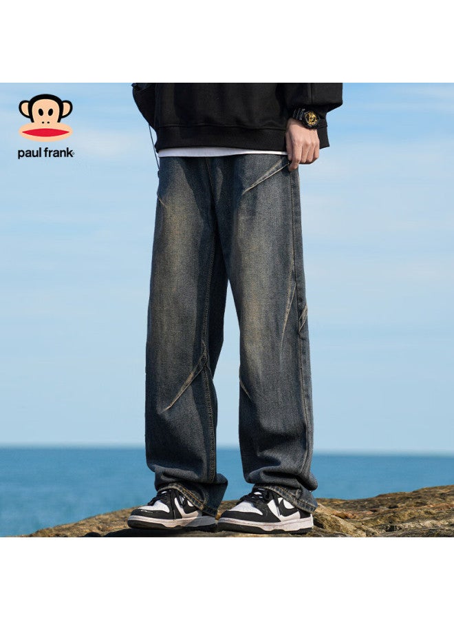 Paul Frank Men's Fleece-lined Denim Jeans Autumn Winter Loose Straight Vintage American Style Black Regular M - Image 1