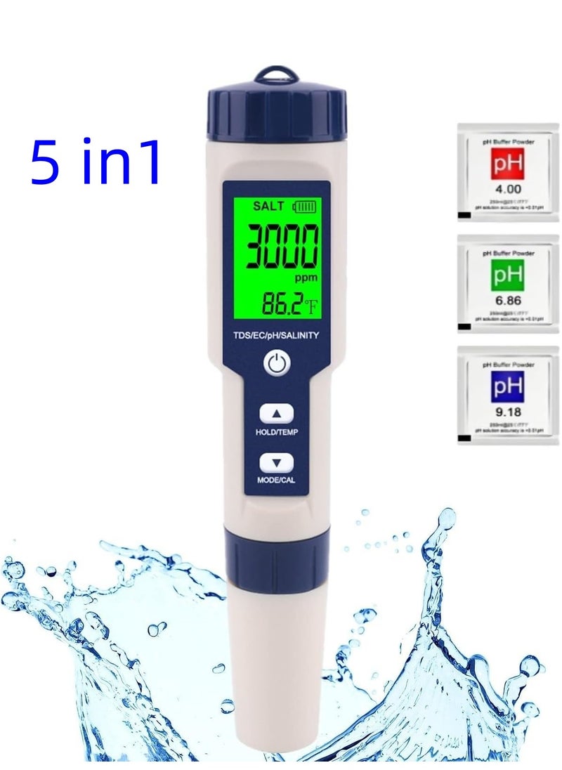 Generic 5 in 1 PH Meter,PH/TDS/EC/Salinity/Temp Meter for Water, High Accuracy Water Testing Kits for Drinking Water, Pools, Fish Tank, and Hydroponics,with 3 PH Buffer Powders  - Image 1