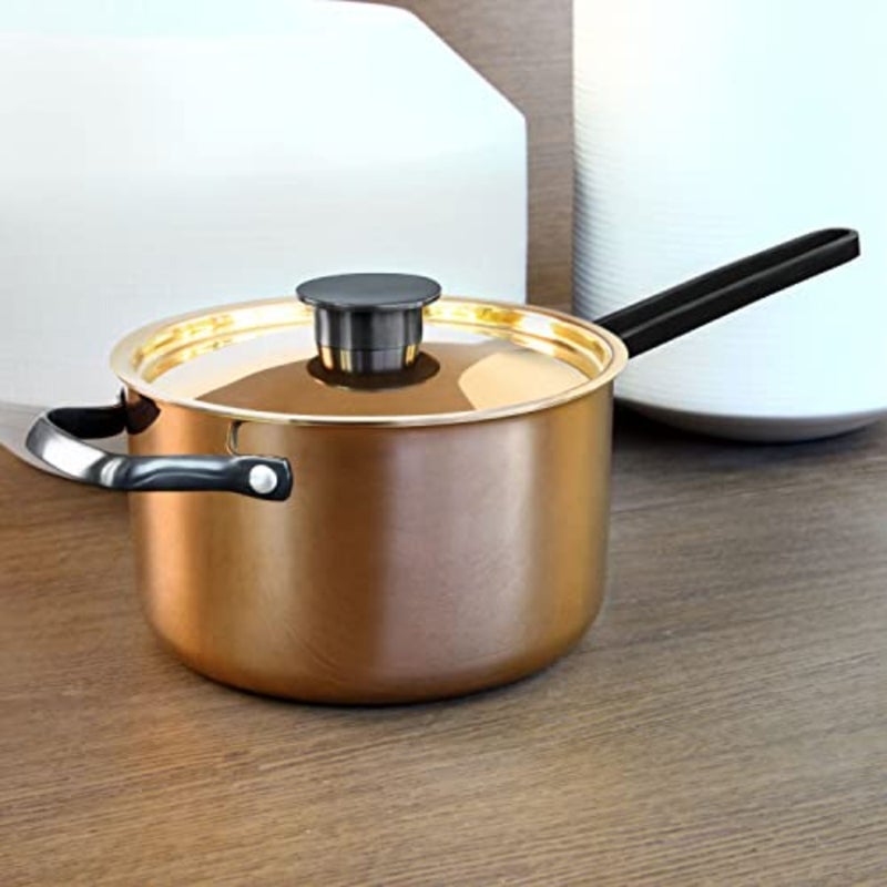 Rossetti® Agostini 20cm Stainless Steel Sauce Pan With Steel Lid Heavy-Duty Saucepan with Bronze Handles and Rose Gold Finish Italian Designed Saucepans Suitable for Induction Cookware - Image 2