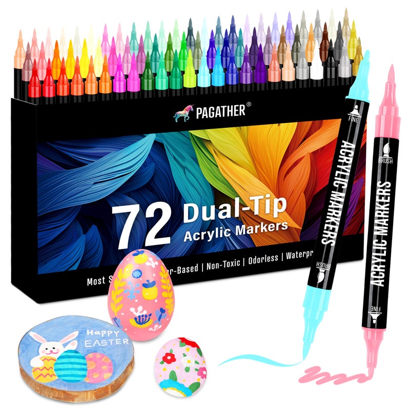 Pagather 72 Colors Acrylic Paint Markers, Dual Tip with Fine Tip and Brush Tip Pens for Stone, Wood, Calligraphy, Canvas, Ceramic, Metal, Glass, Rock Painting, DIY Crafts - Image 1