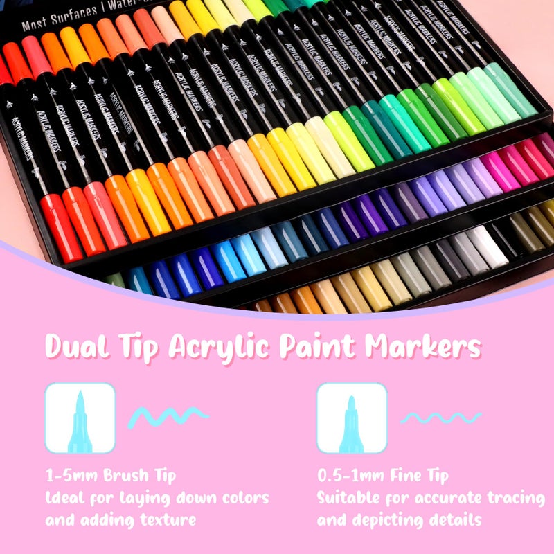 Pagather 72 Colors Acrylic Paint Markers, Dual Tip with Fine Tip and Brush Tip Pens for Stone, Wood, Calligraphy, Canvas, Ceramic, Metal, Glass, Rock Painting, DIY Crafts - Image 2