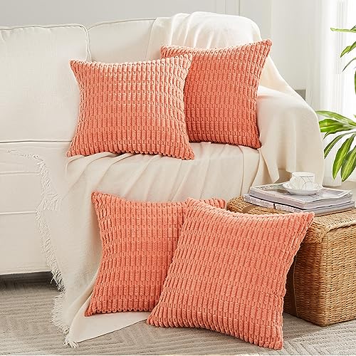 Fancy Homi 4 Packs Boho Coral Decorative Throw Pillow Covers 18x18 Inch for Living Room Couch Bed Sofa, Rustic Modern Farmhouse Home Decor, Soft Plush Corduroy Cute Square Peach Cushion Case 45x45 cm - Image 1