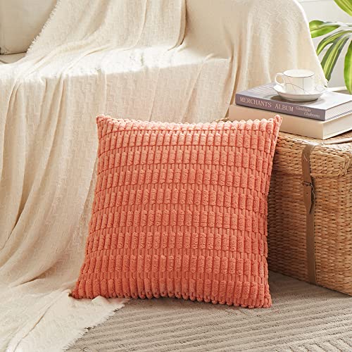 Fancy Homi 4 Packs Boho Coral Decorative Throw Pillow Covers 18x18 Inch for Living Room Couch Bed Sofa, Rustic Modern Farmhouse Home Decor, Soft Plush Corduroy Cute Square Peach Cushion Case 45x45 cm - Image 2