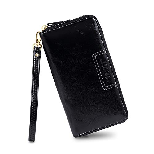 FT FUNTOR Wristlet Wallet for Women, Ladies Zip around Wallet PU Vegan Leather Clutch Long Purse Phone Card Holder Organizer Black - Image 1