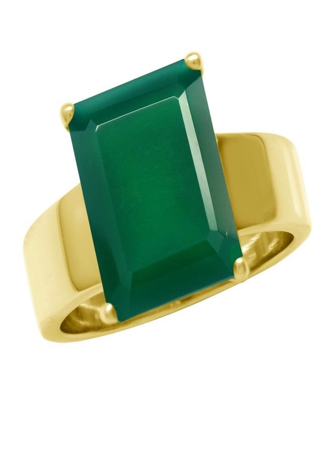 Silvershake HUGE 5.86 CTW 12X10mm Octagon Shape Natural Emerald Green Agate 14K Yellow Gold Plated 925 Sterling Silver Solitaire Ring May Gemstone Birthstone Size 8 - Image 1