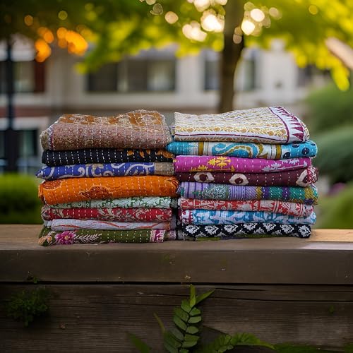 Boho Sanskriti لحاف بوهو سانسكريتي الهندي، أغطية سرير عتيقة، رمي، رالي، مجموعة قنطة قابلة للعكس، غطاء سرير، بطانية قطنية جوداري - قطع فردية، توأم - Image 3
