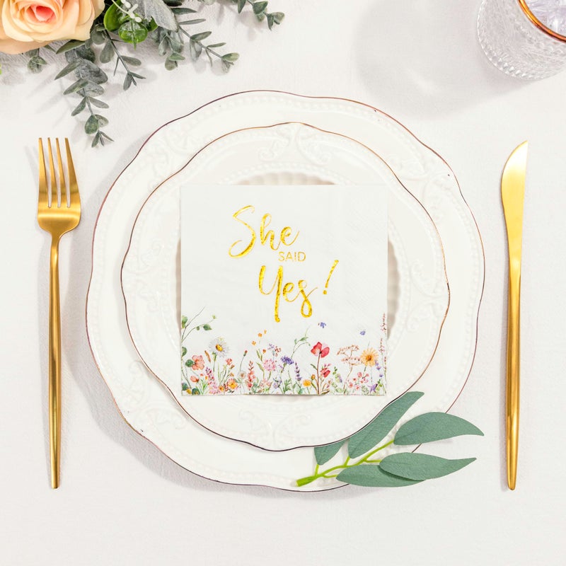 Crisky Engagement Napkins 3-Ply Floral Gold Foil She Said Yes Paper Disposable Napkins for Bachelorette/Engagement/Bridal Shower Party Decoration  50 Counts - Image 2